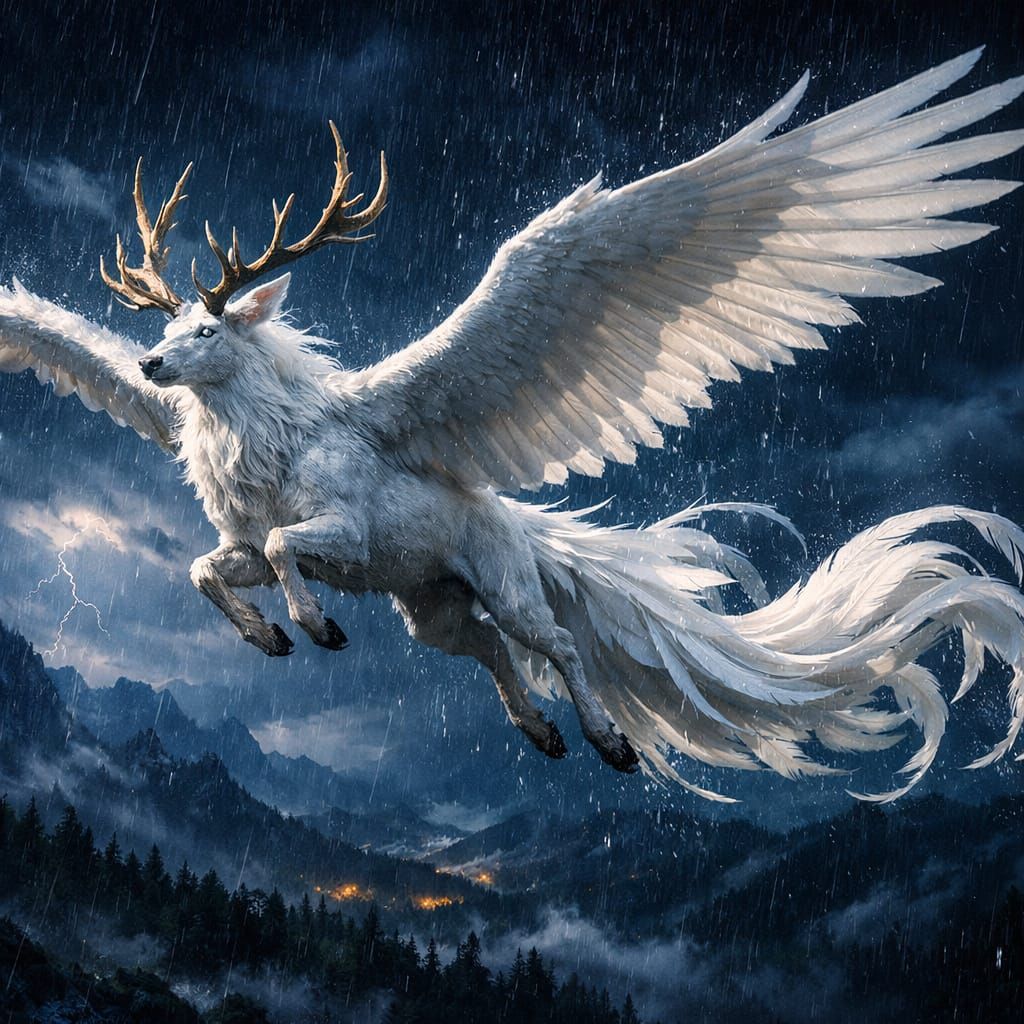 Peryton Flying Through Night Rain in Cinematic Style