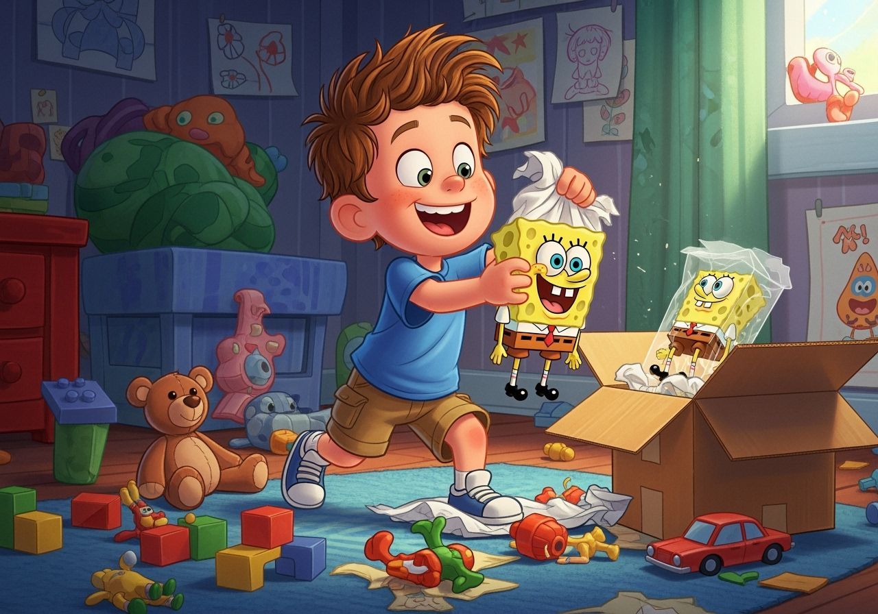 Boy Unwrapping SpongeBob Toy in Pixar Animation Style