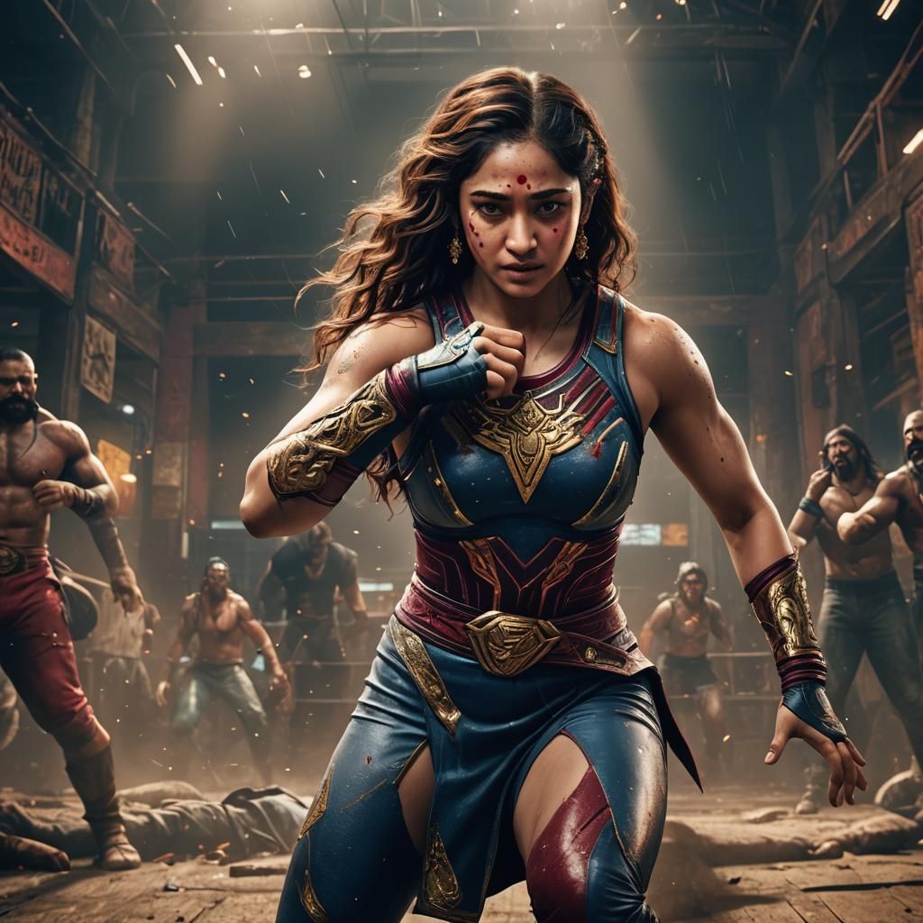 Tamannaah Bhatia Wrestling Bearhug: Detailed Matte Painting