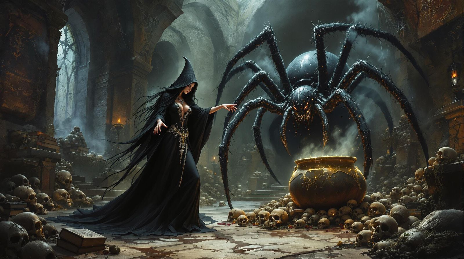 Dark Witch Casting Spells with Spider Companion