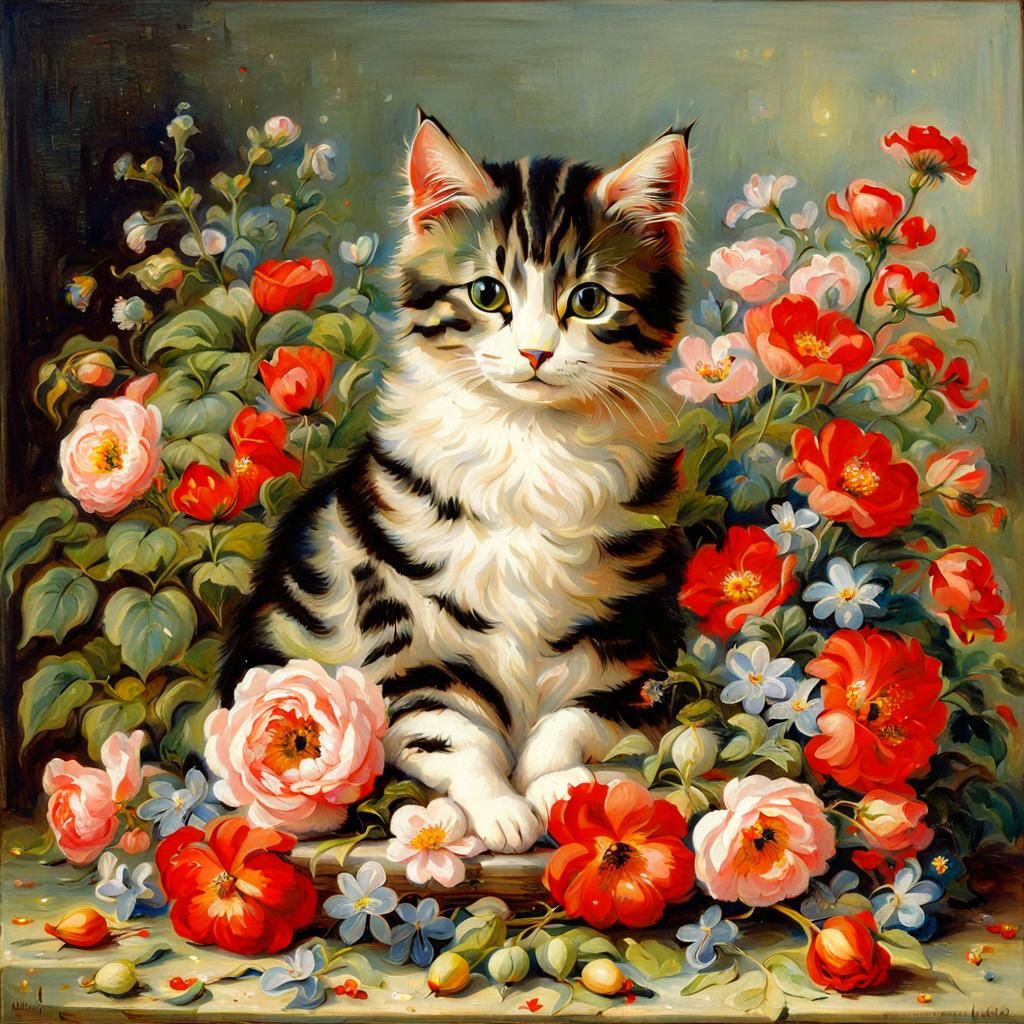 Cat Surrounded by Flowers in Romantic Painting Style
