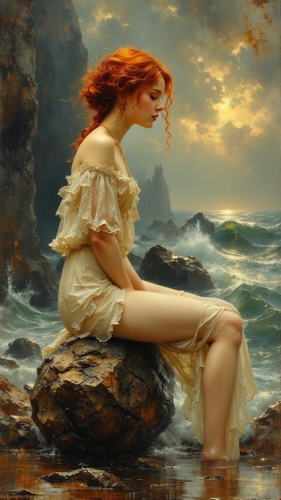 Ethereal Angel Sits by Stormy Sea in Pre Raphaelite Oil Pain...