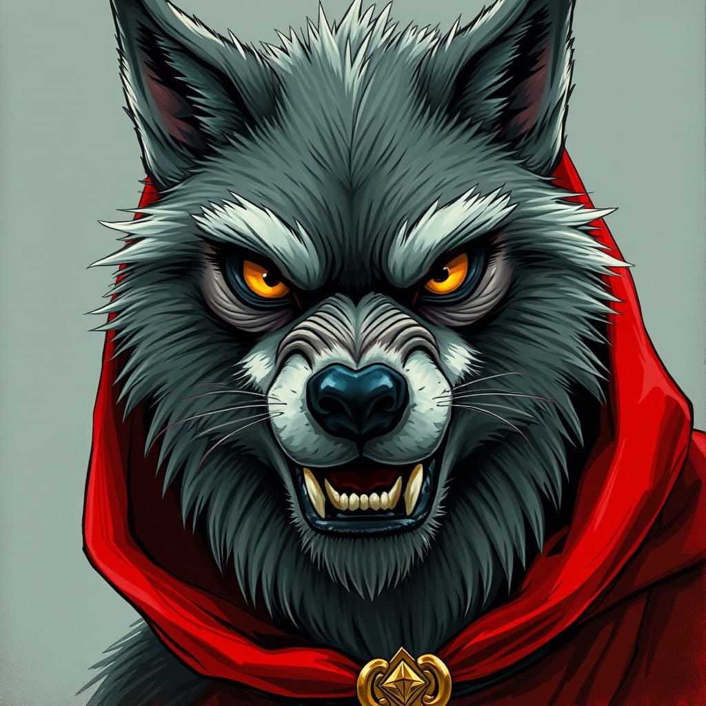 Regal Anthro Wolf Monster in Dramatic Red Cloak
