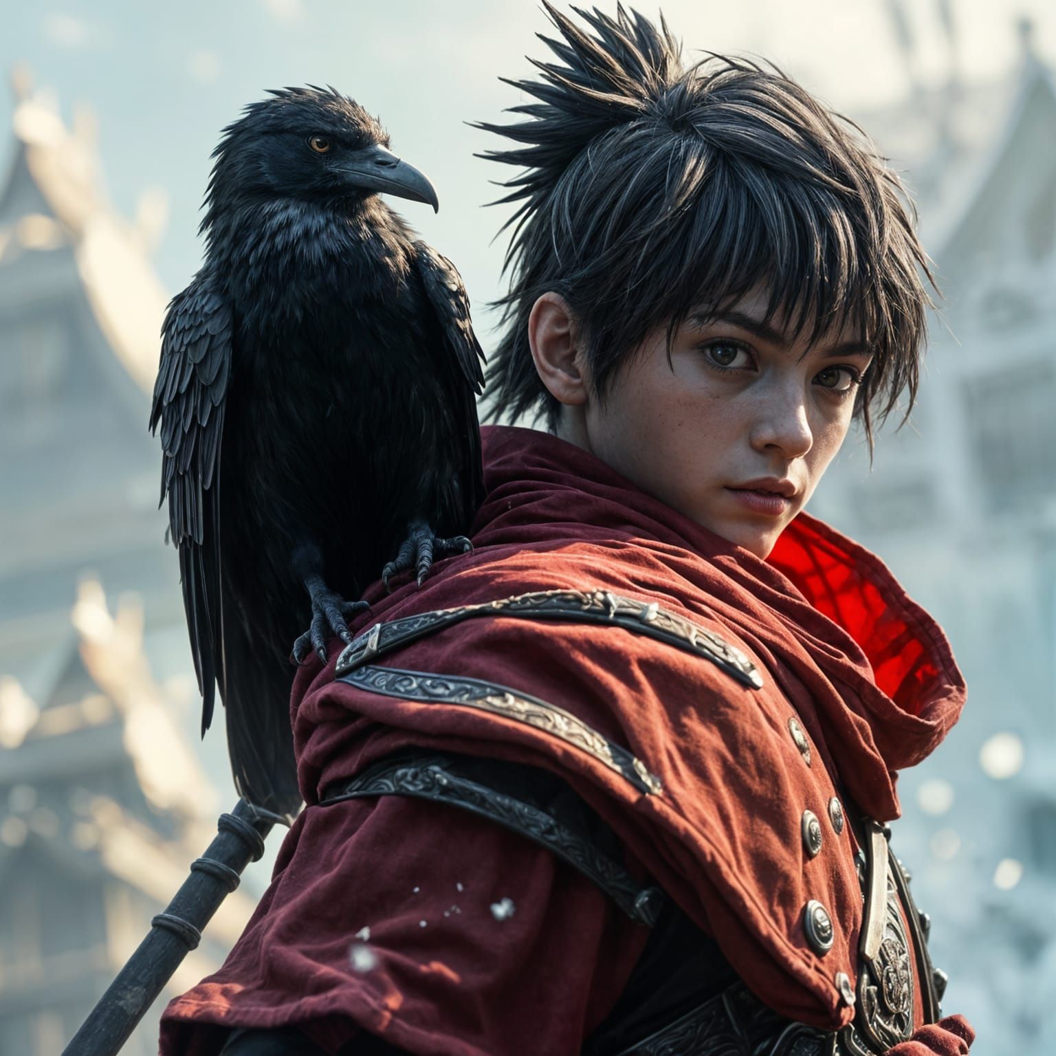 Samurai Warrior with Raven in Fantasy Art Style