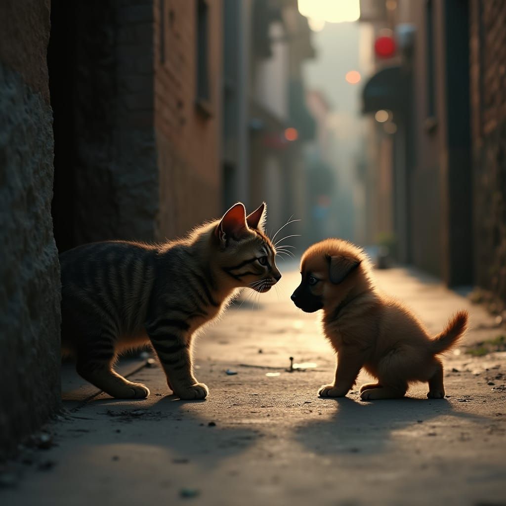 Curious Cat Meets Puppy: Cinematic Golden Hour