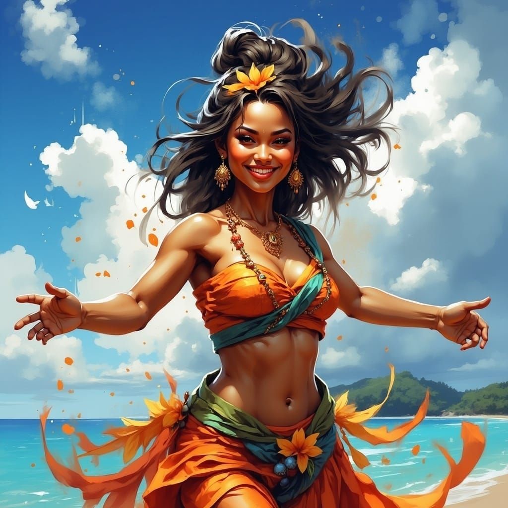 Samoan Woman Dances in Traditional Attire with Vibrant Color...