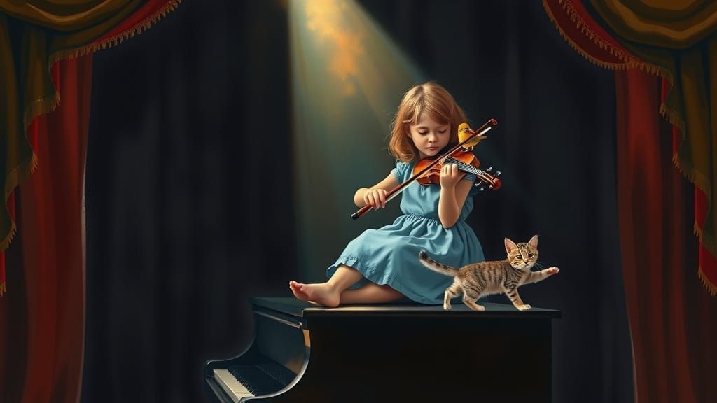 Girl Plays Violin on Piano with Robin and Kitten