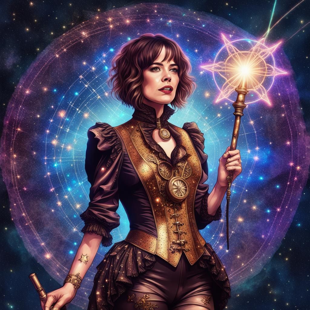 Steampunk Woman with Magic Staff over Galaxy
