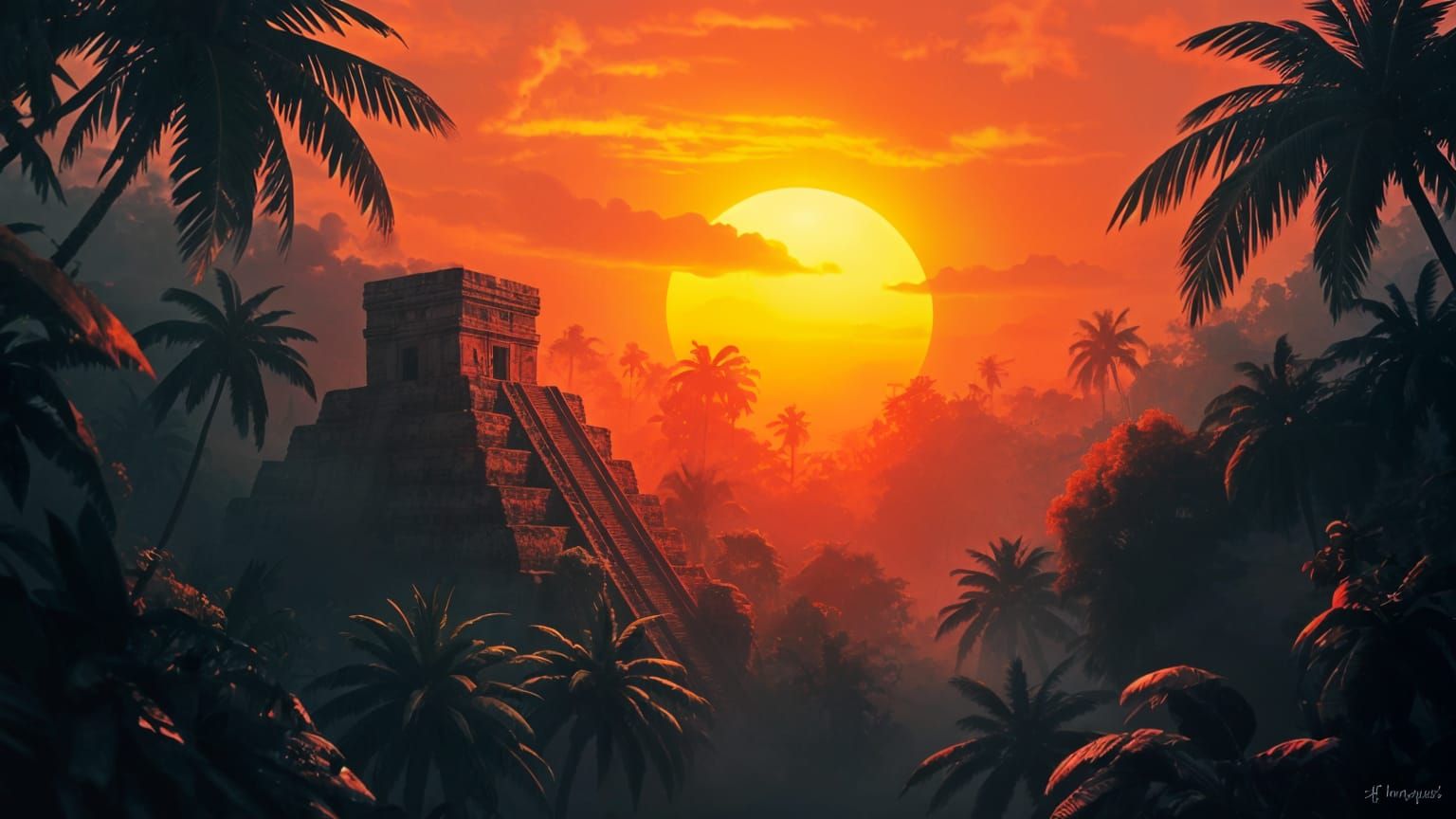 Vibrant Mayan Ruins Bask in Sunset Glow