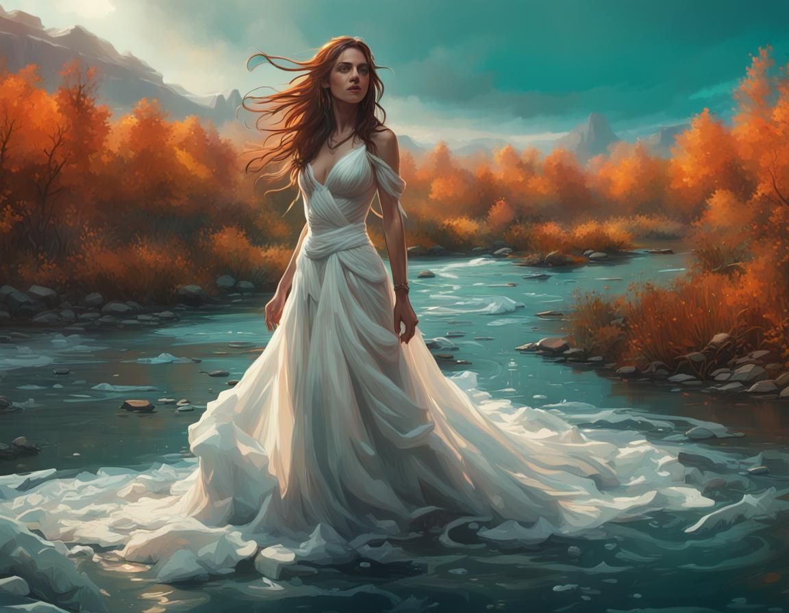 Woman in White Dress in River, Digital Art