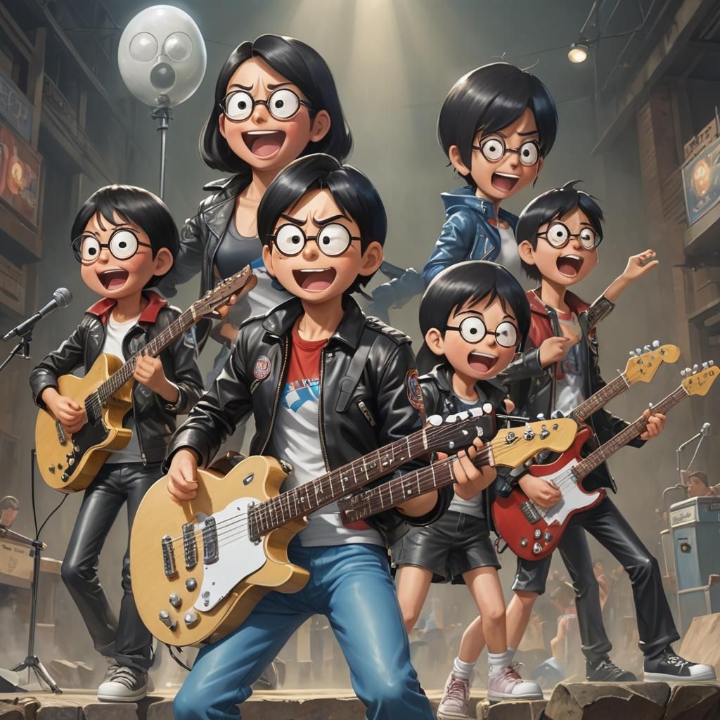 Doraemon Characters as Rock Stars, Hyperdetailed Portrait