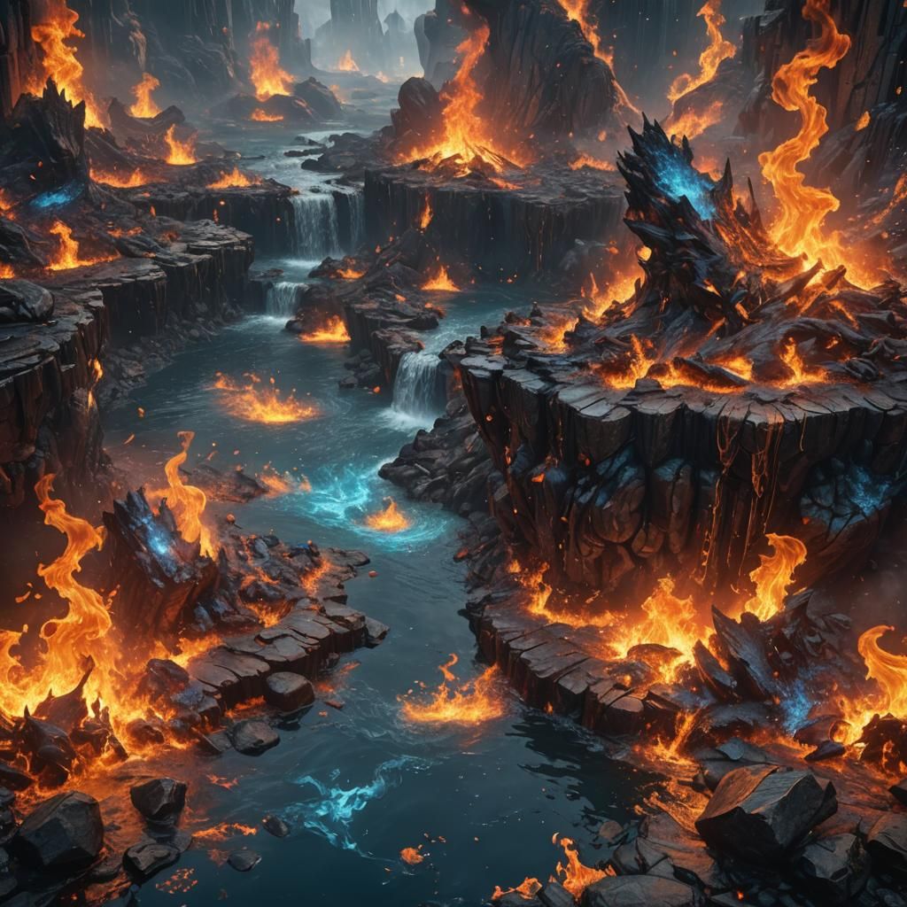 Fire and Water Mix in Detailed Matte Painting Style