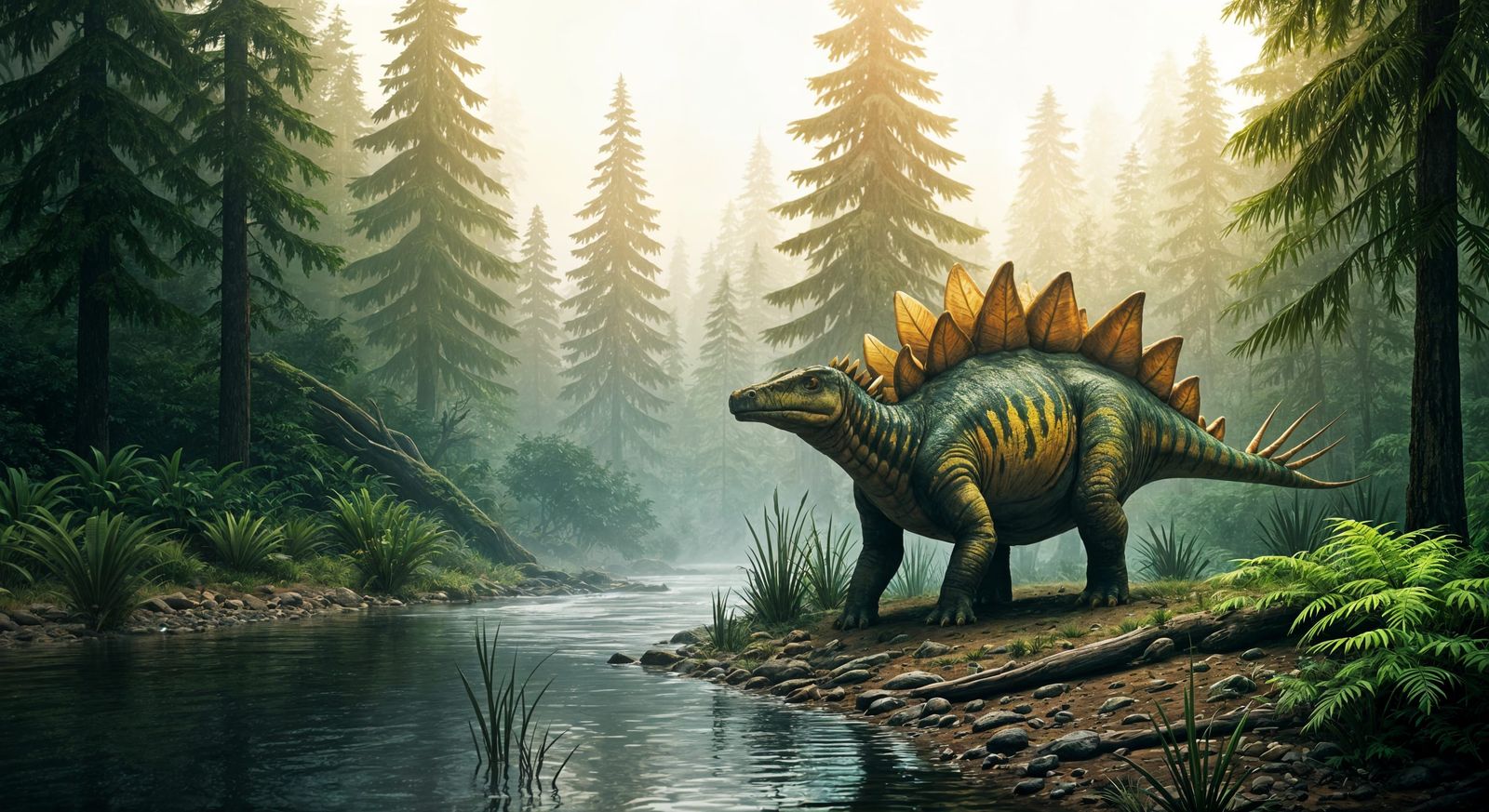 Stegosaurus in Prehistoric River Valley