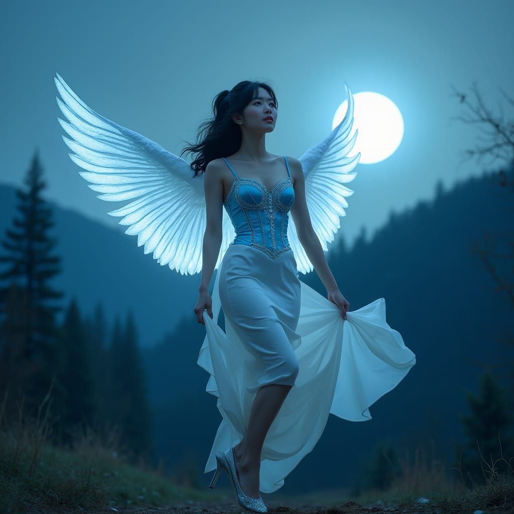 Woman Takes Flight in Moonlit Forest