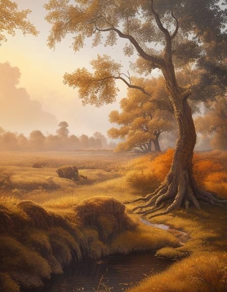 Ancient Tree at Sunset: Dutch Masters Oil Painting