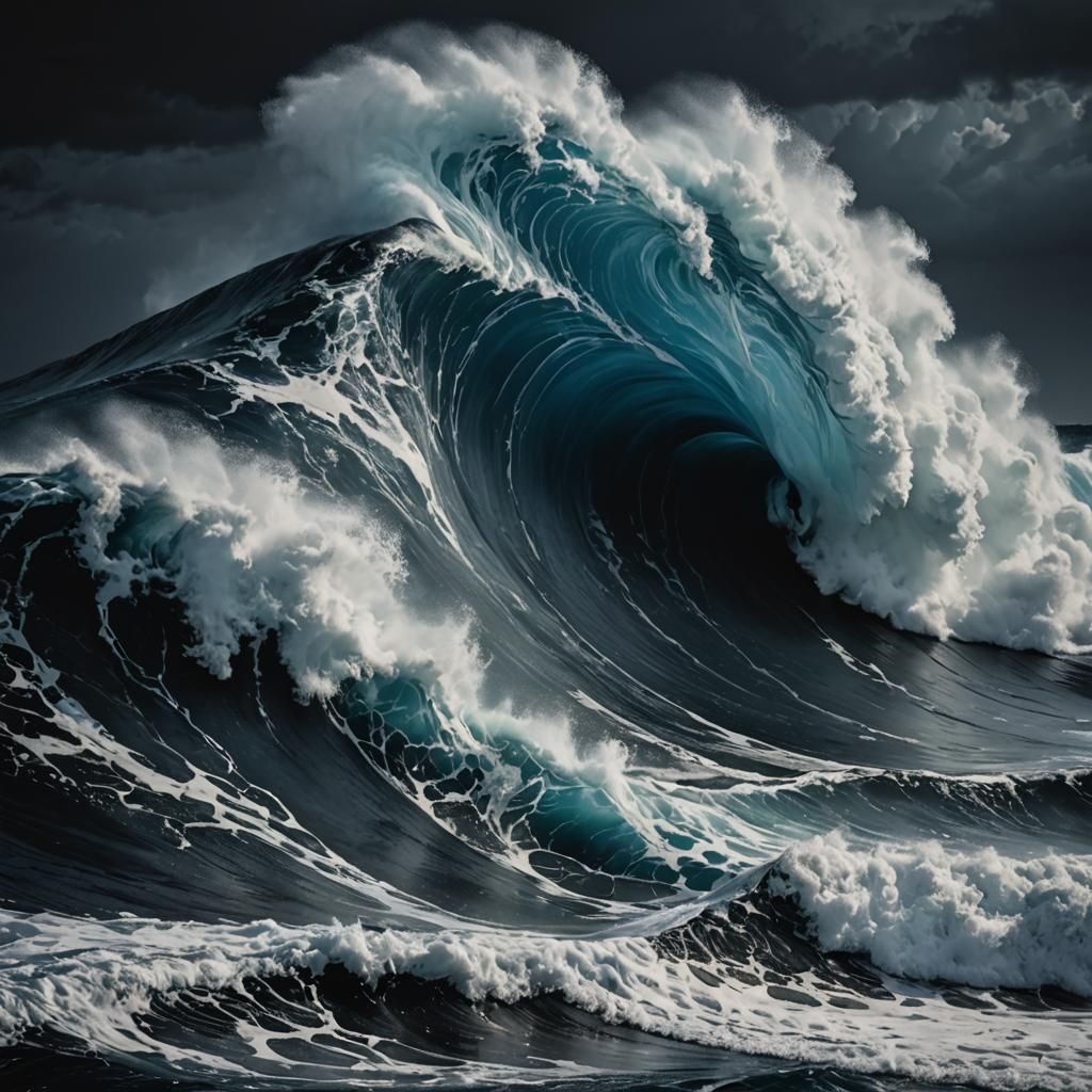 Crashing Wave Against Dark Background in Monochromatic Palet...