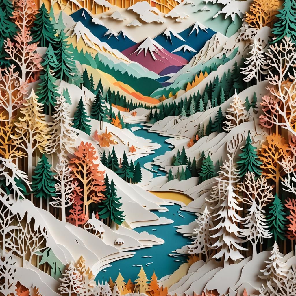 Colorful Kirigami Winter Landscape Art