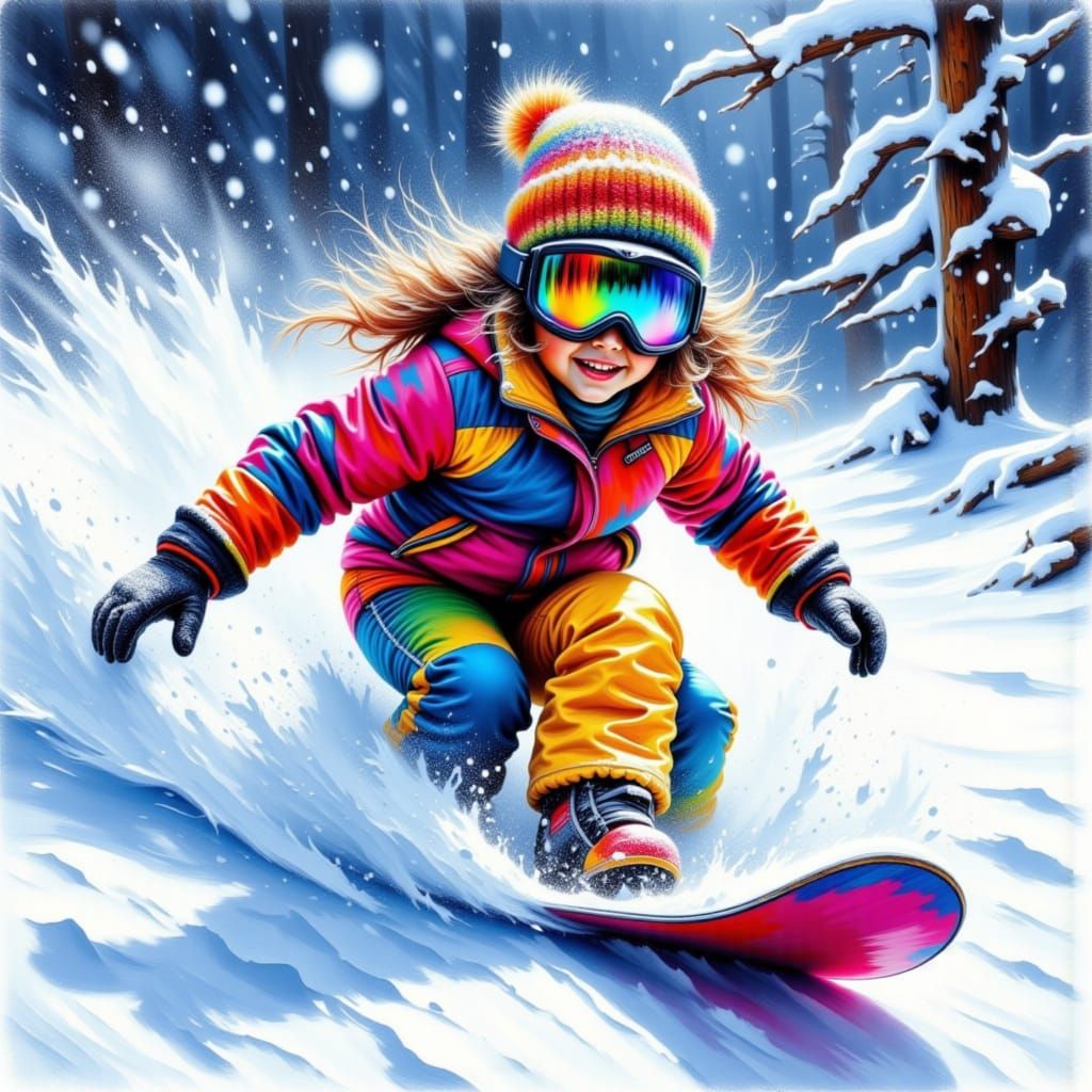 Preschooler Snowboarding in Textured Impasto Style