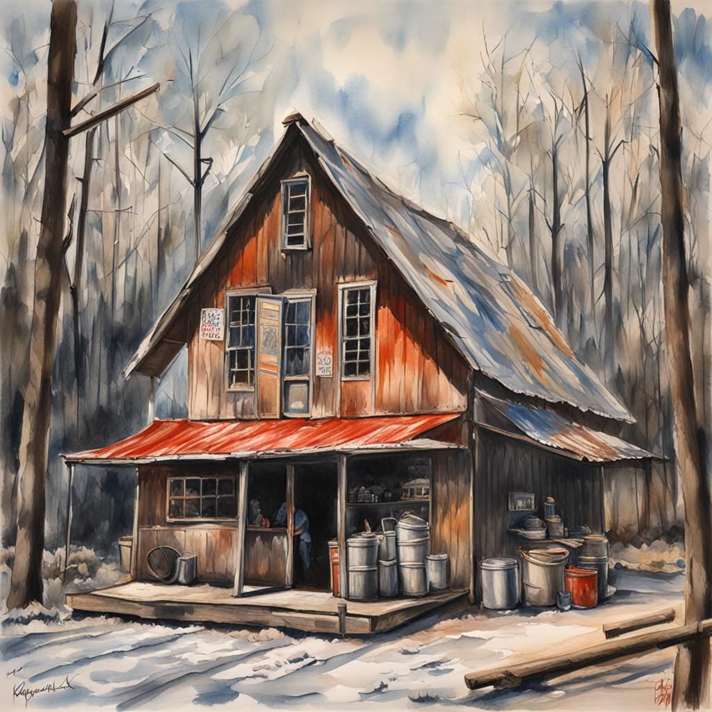Springtime Sugar Shack: Gouache and Watercolor Charcoal Draw...