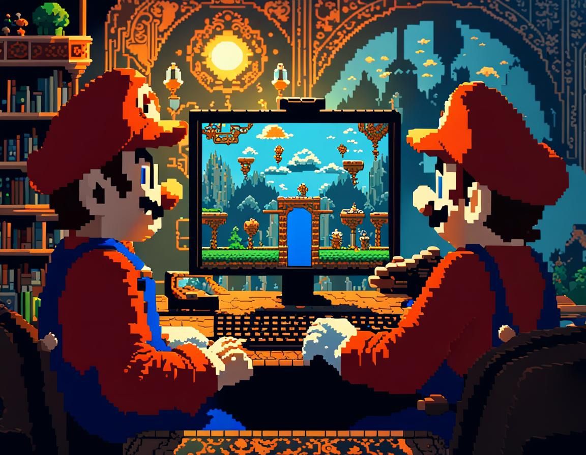 Mario Bros in Retro-Futuristic Pixel Art Style