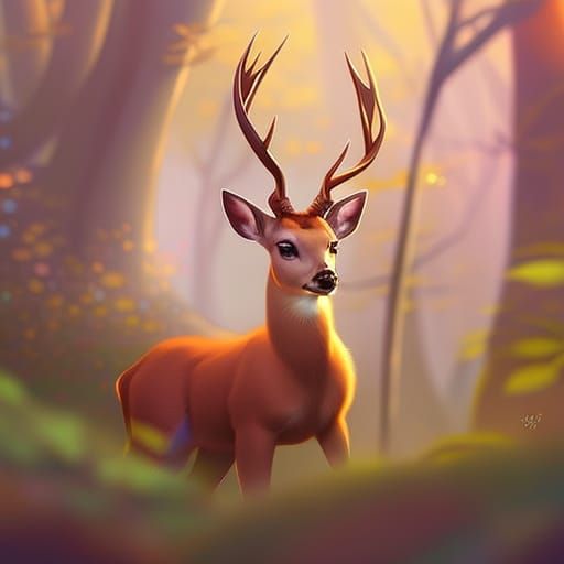 Cute Baby Deer Portrait in Forest, Colorful Painting