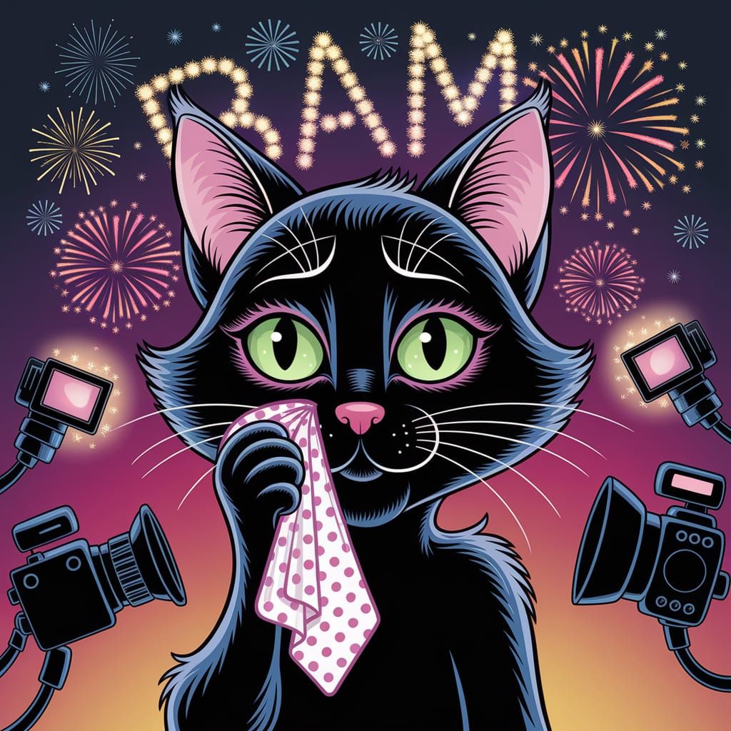 Magical Black Cat Cries at Fireworks, Whimsical Caricature