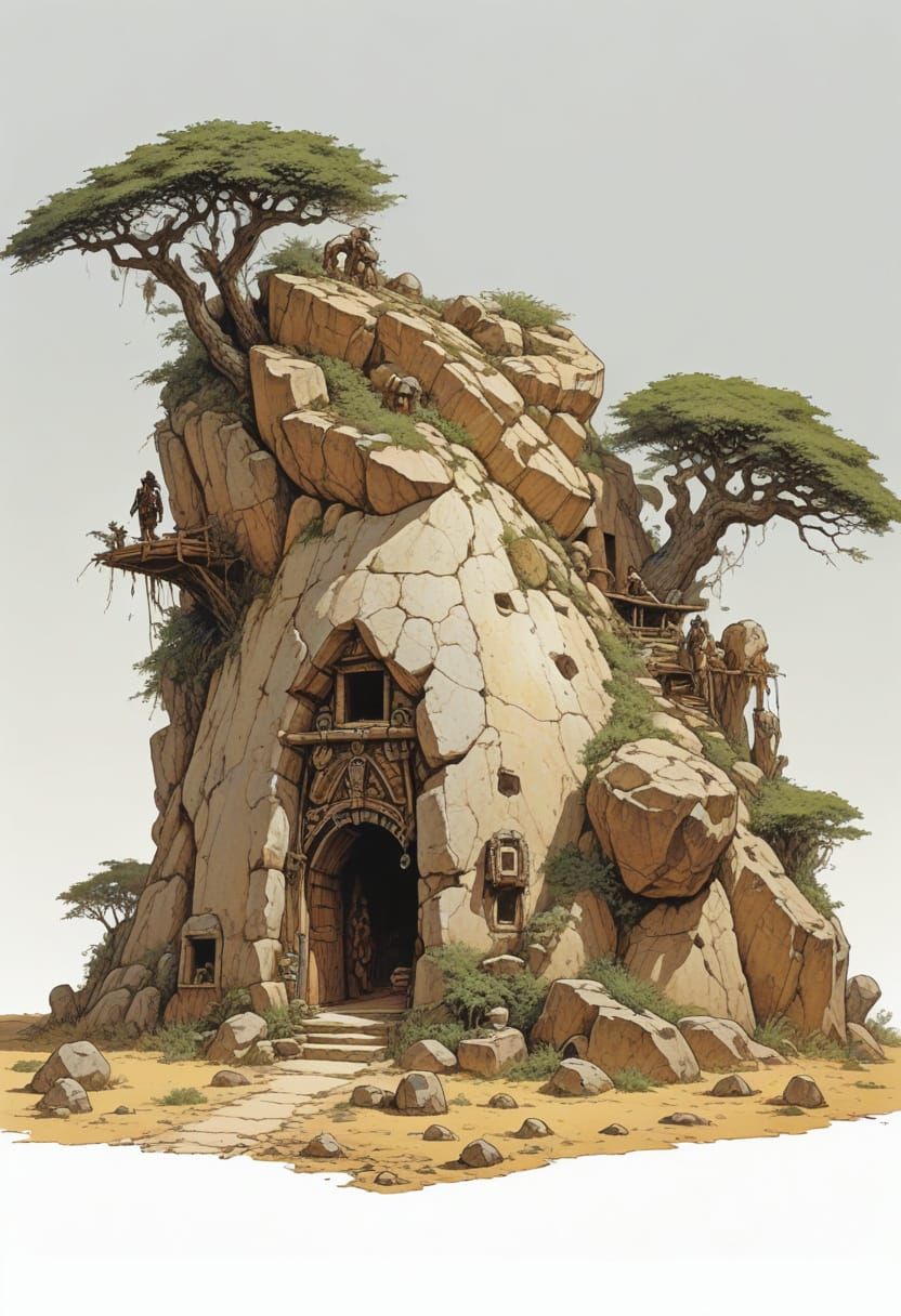 African Druid's Stone Dwelling in Heroic Fantasy Style
