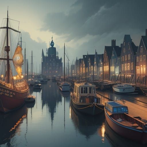 Whimsical Harbor Scene in Reitdiephaven, Groningen