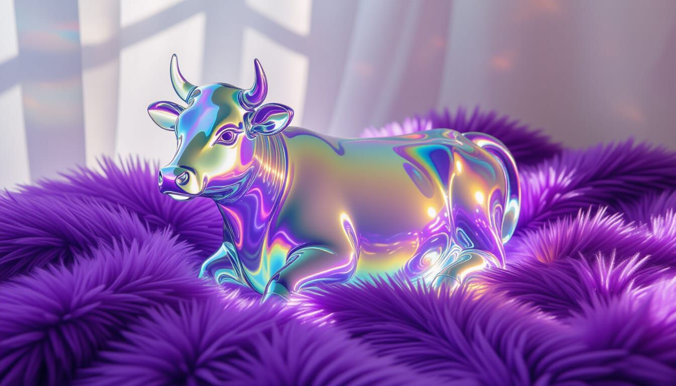 Iridescent Glass Cow on Purple Blanket