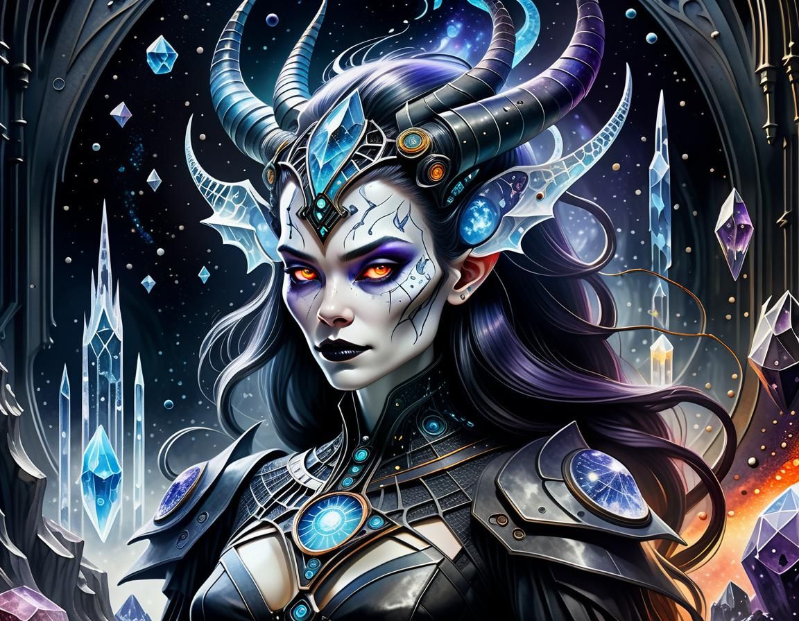 Gothic Demoness Surrounded by Crystals and Runes