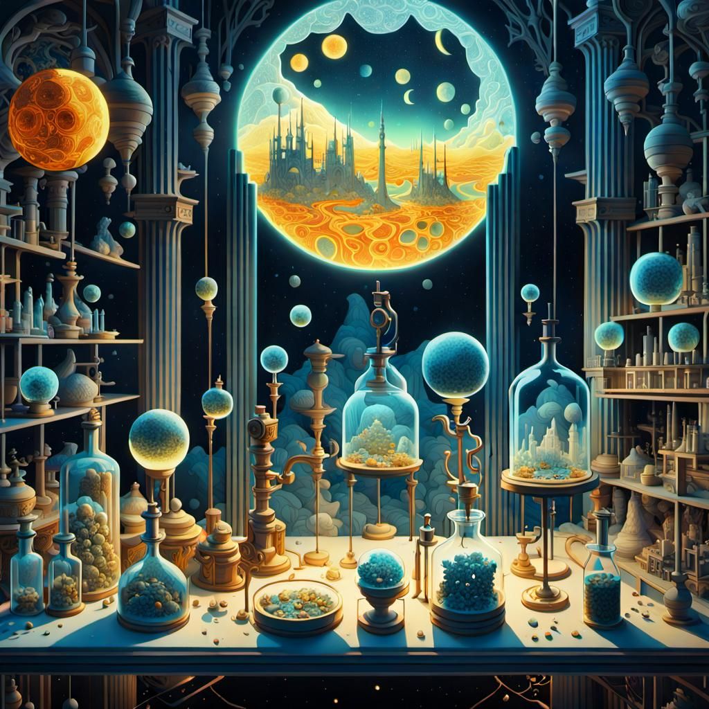 Surreal Sun and Moon Laboratory with Scientists