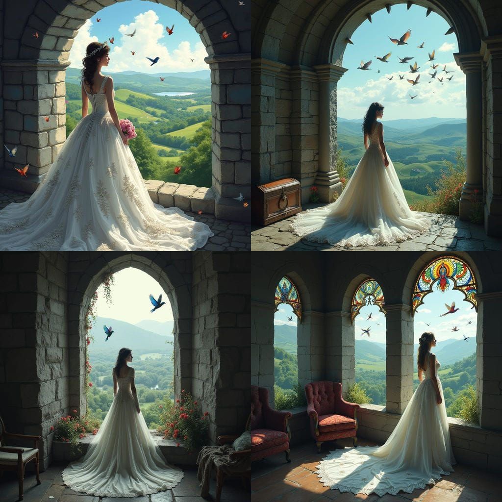 Regal Bride Waits for Royalty in Whimsical Castle Turret