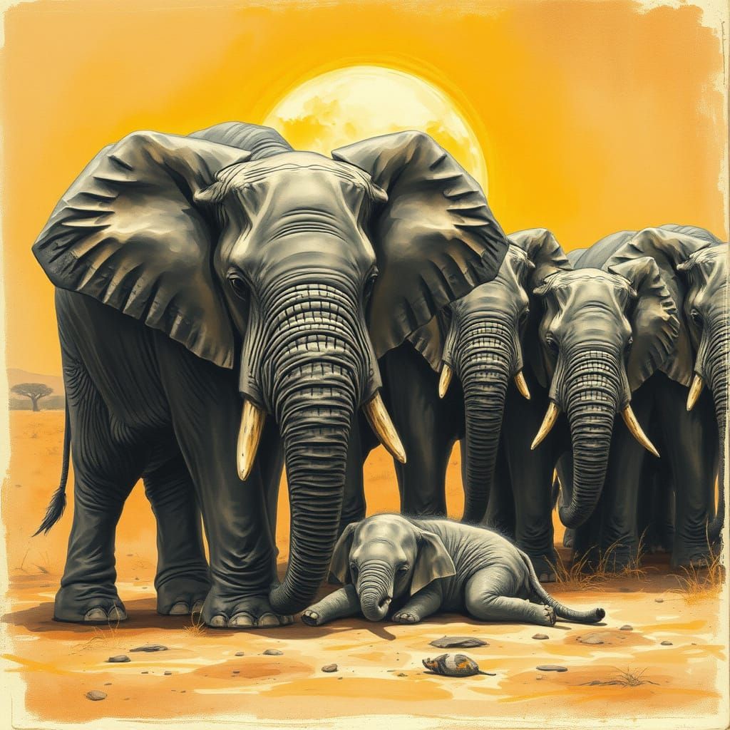 Sorrowful Matriarch Elephant Mourns Her Deceased Baby in a W...