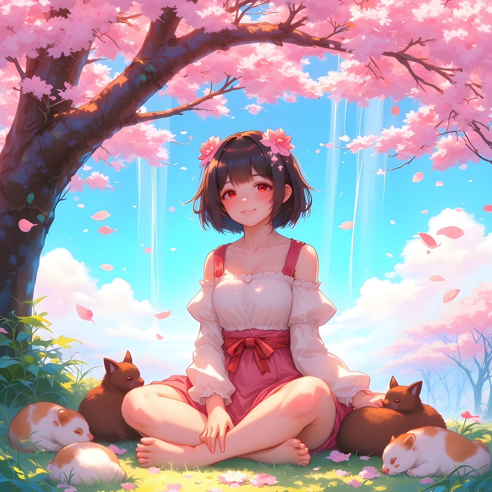 Anime Girl Finds Peace Under Cherry Blossoms with Cute Anima...