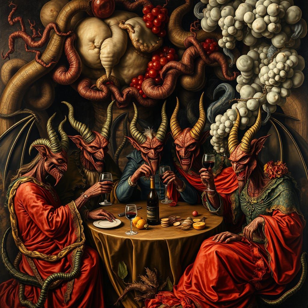 Surrealist Demons Engage in Wine Tasting in Hellish Scene