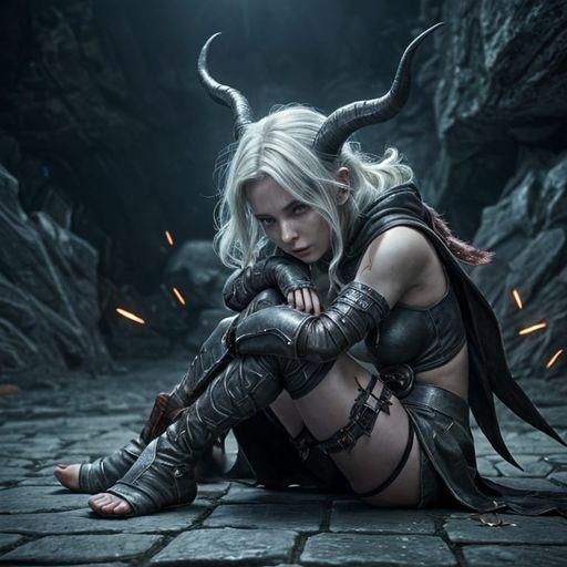 Tiefling Napping After Battle in High Fantasy Style