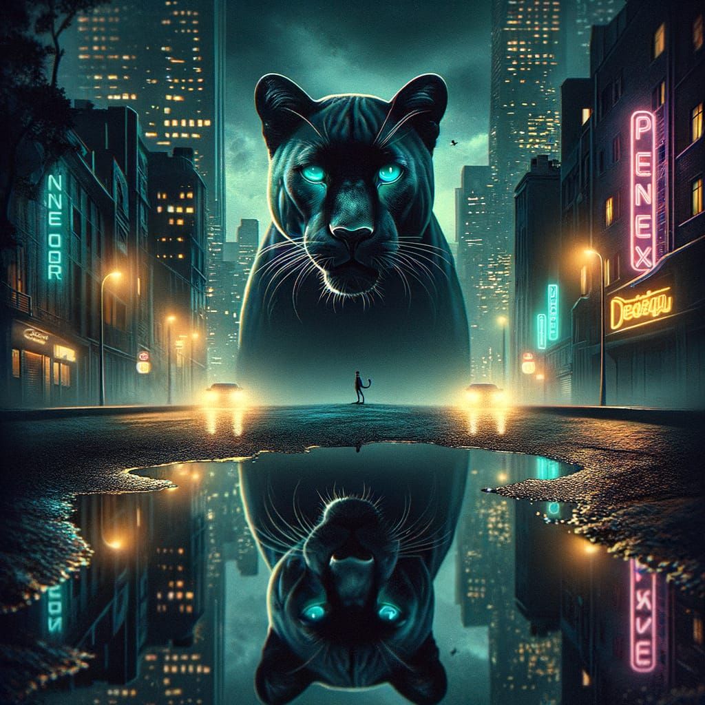 Dark City Panther Contemplates Neon Reflections