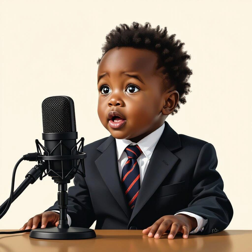 Intense Toddler Podcast Host: Hyperrealistic Portrait