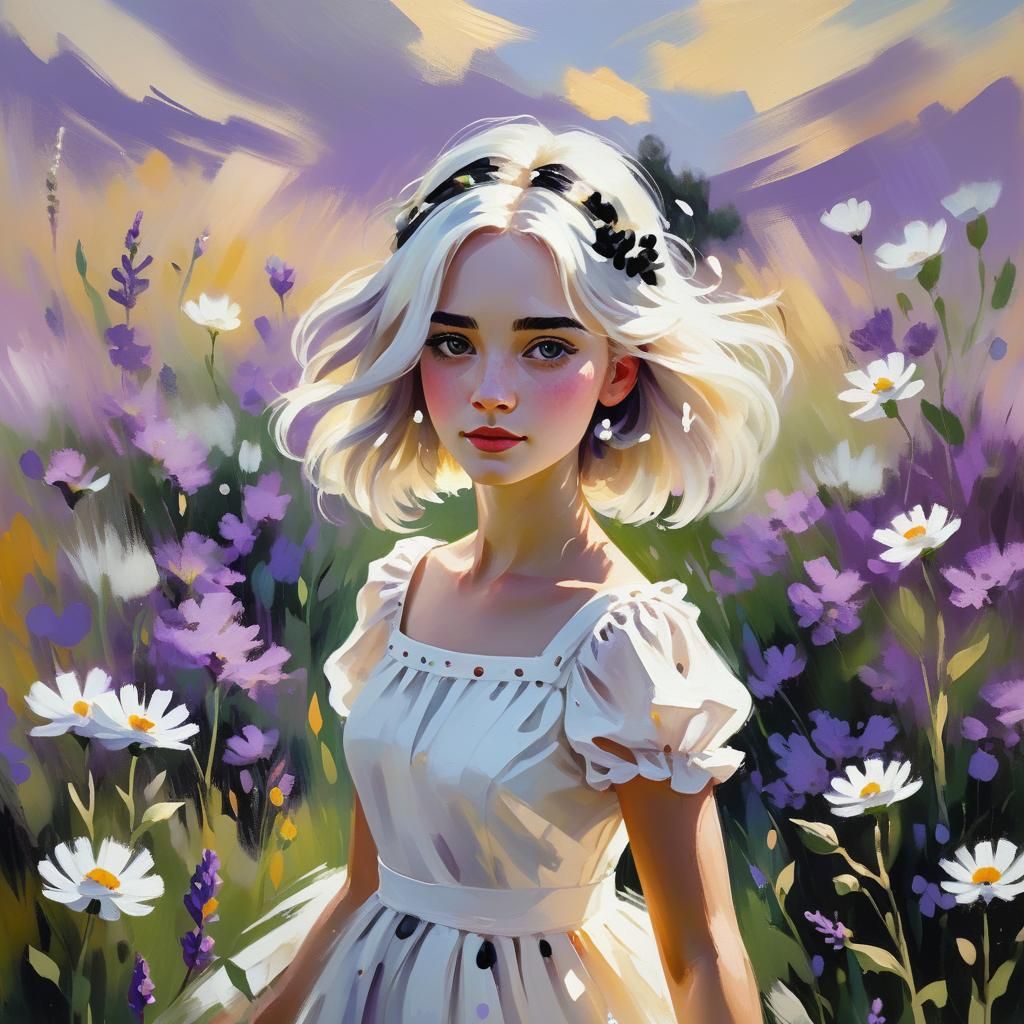 Ethereal Girl in Purple Wildflower Field, Impressionist Styl...