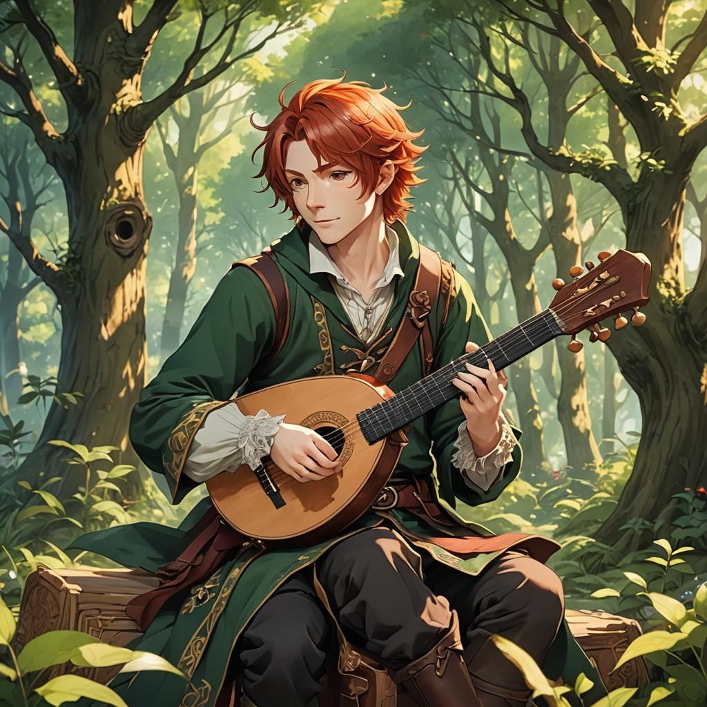 Anime Bard Playing Lute in Forest