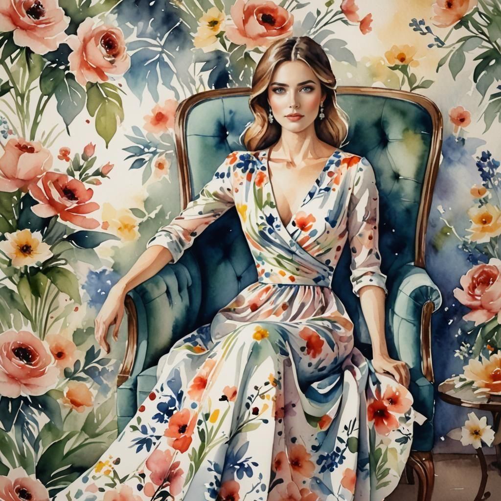 Woman in Floral Dress in Stylized Watercolor
