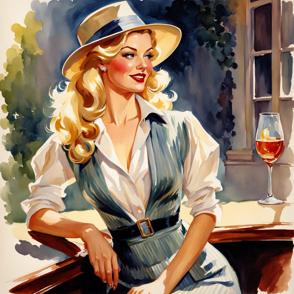 Confident Female Elf in Pinstripe Suit Smirks with Highball ...
