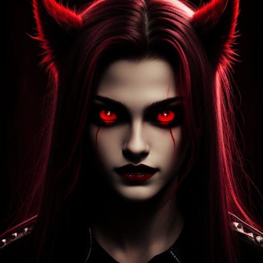 Eerie Portrait of Teen with Fangs and Red Eyes