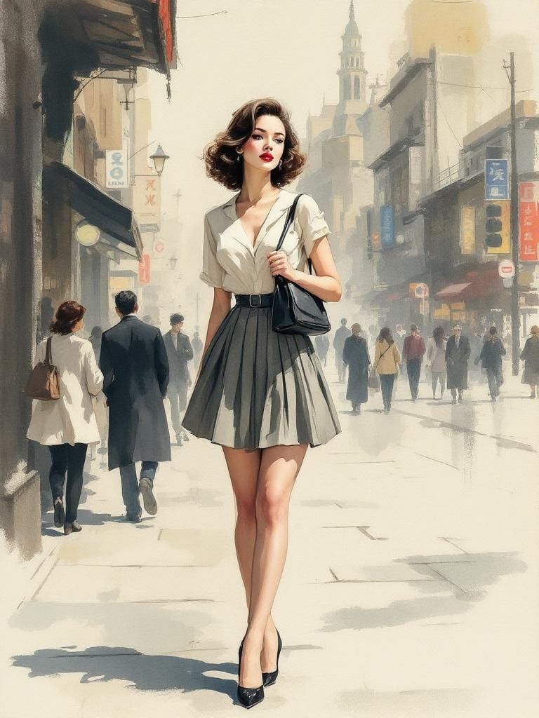 1950s Pin-Up in Atmospheric Watercolor Style