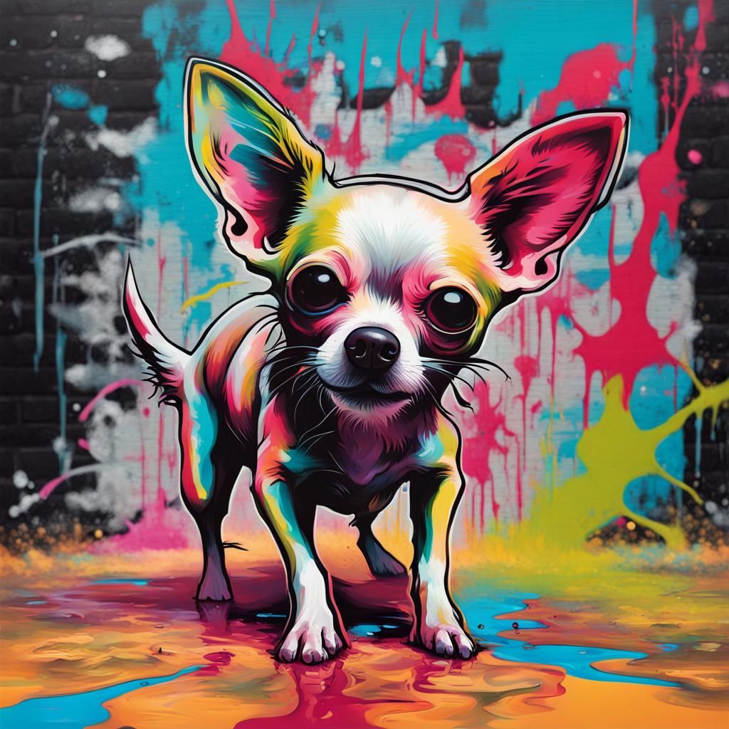 Dancing Chihuahua Lucretia in Colorful Graffiti Art