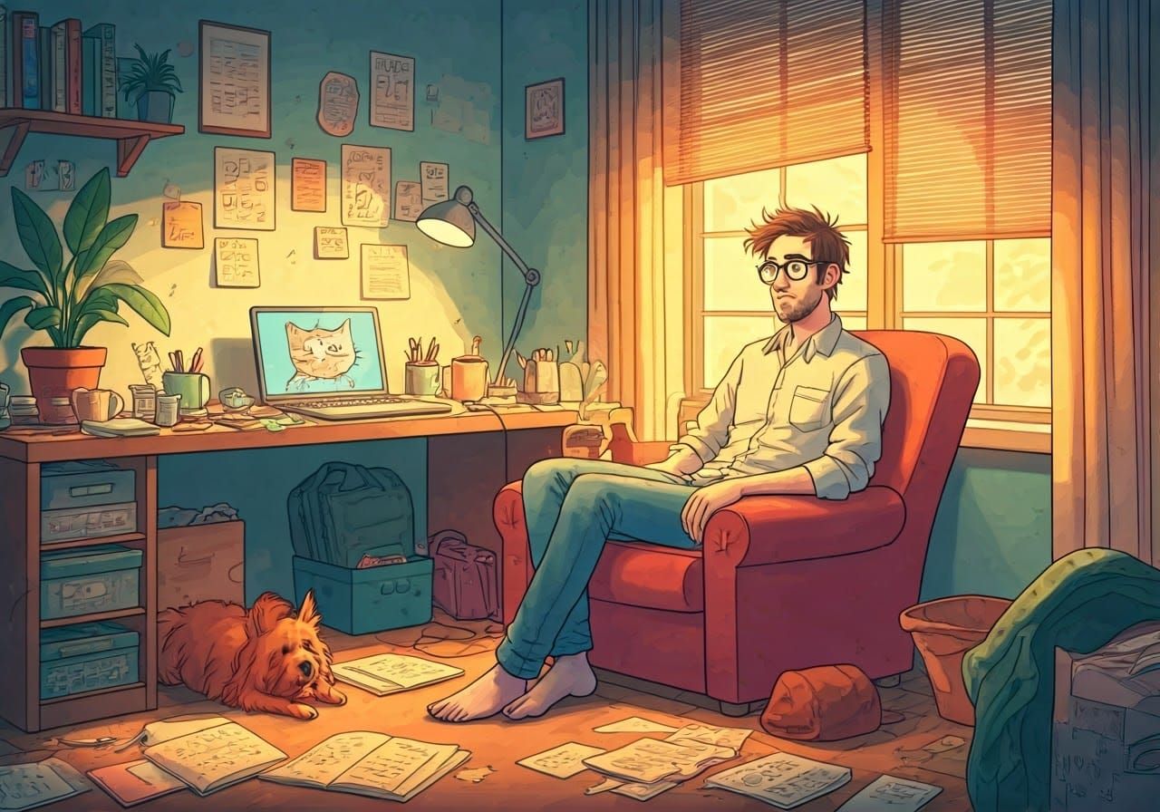 A Relaxed Procrastinator in a Chaotic Home Office Scene