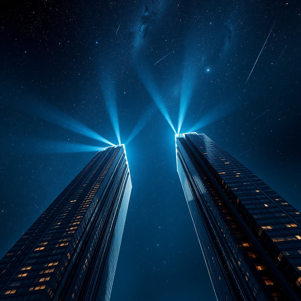 Futuristic Skyscrapers Projecting Light Beams into Starry Sk...