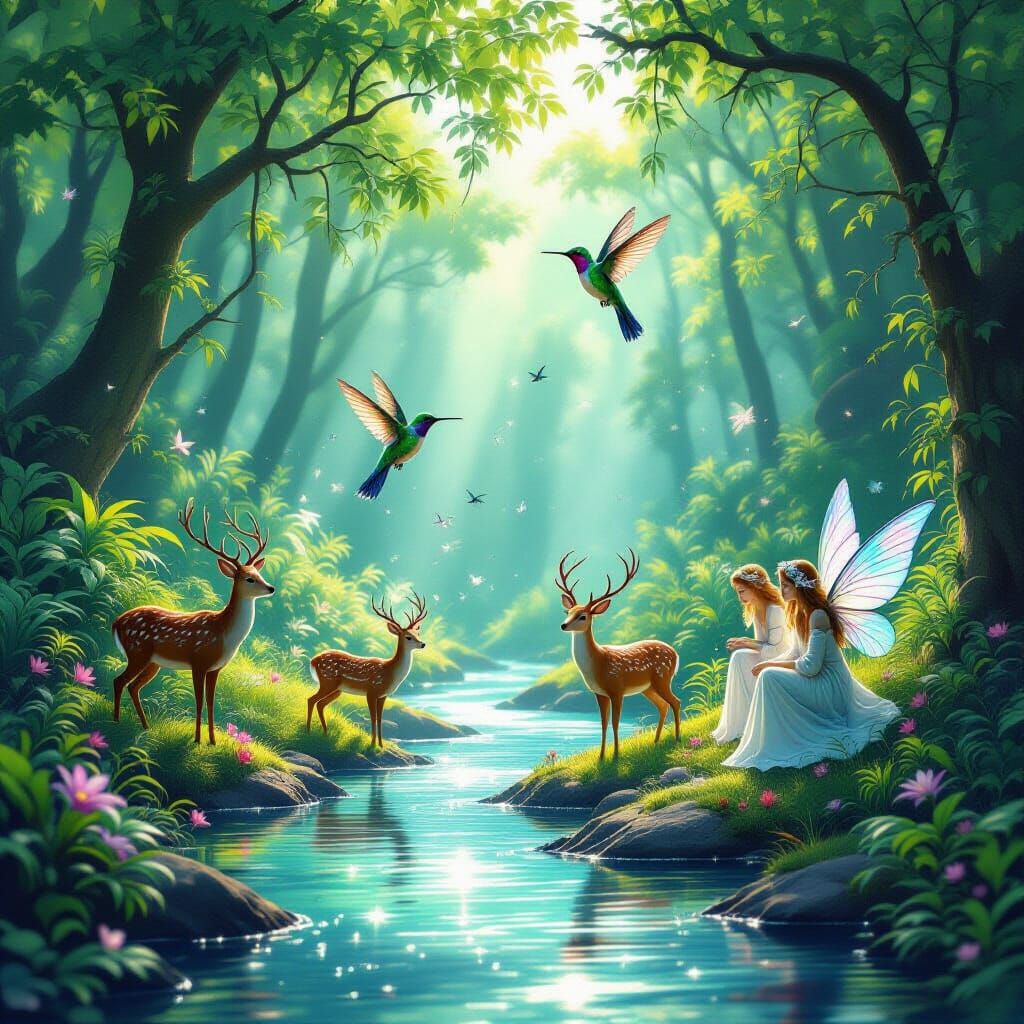 Iridescent Forest with Fairies and Angels
