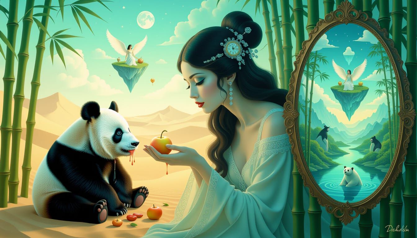 Surreal Woman Feeds Panda in Multiverse Dreamscape