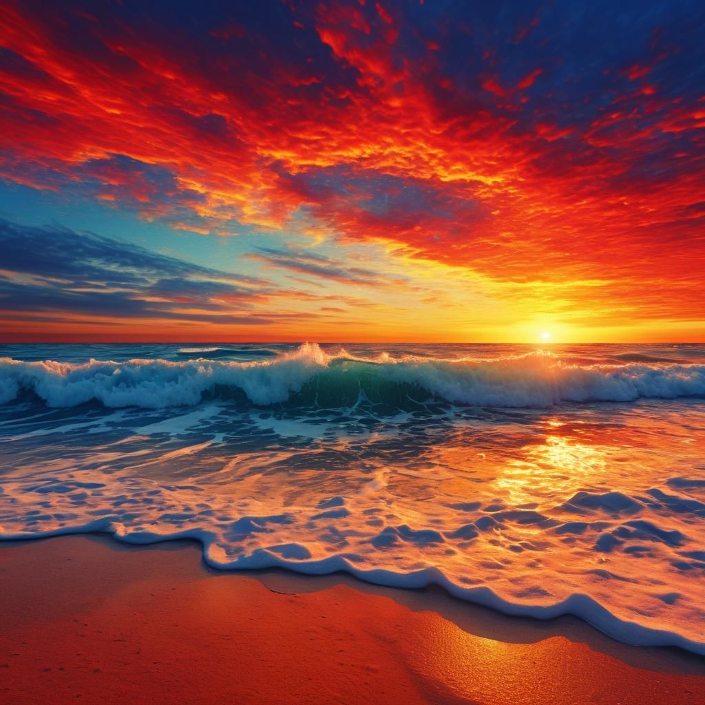 Vibrant Sunset Over Beach in Mixed Media Mosaic